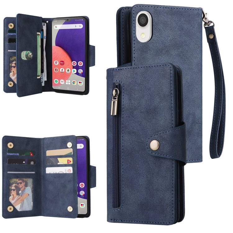 For Samsung Galaxy A22e 5G Rivet Buckle 9 Cards Three Fold Leather Phone Case