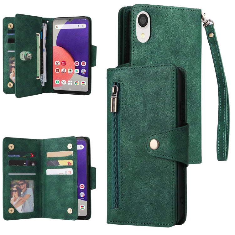 For Samsung Galaxy A22e 5G Rivet Buckle 9 Cards Three Fold Leather Phone Case