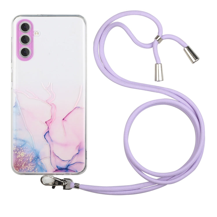 For Samsung Galaxy S23 5G Hollow Marble Pattern TPU Shockproof Phone Case with Neck Strap Rope