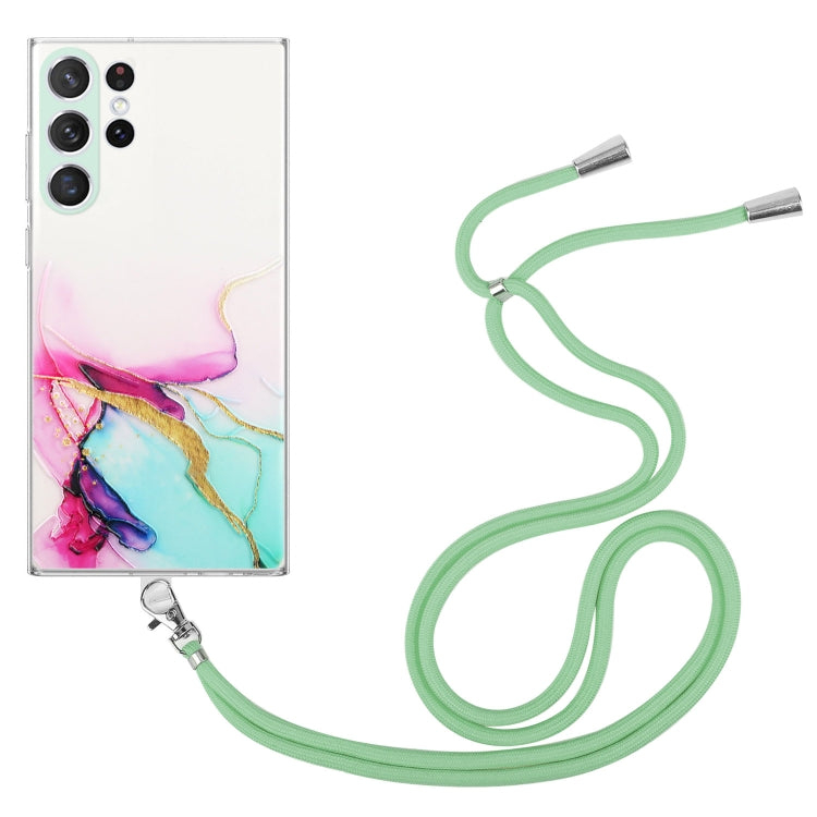 For Samsung Galaxy S23 Ultra 5G Hollow Marble Pattern TPU Shockproof Phone Case with Neck Strap Rope
