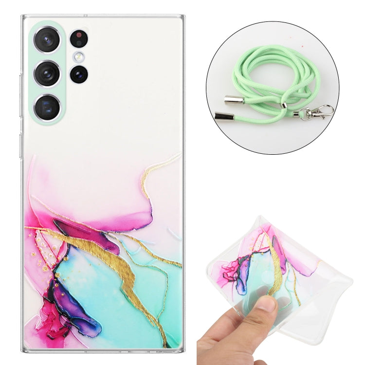 For Samsung Galaxy S23 Ultra 5G Hollow Marble Pattern TPU Shockproof Phone Case with Neck Strap Rope