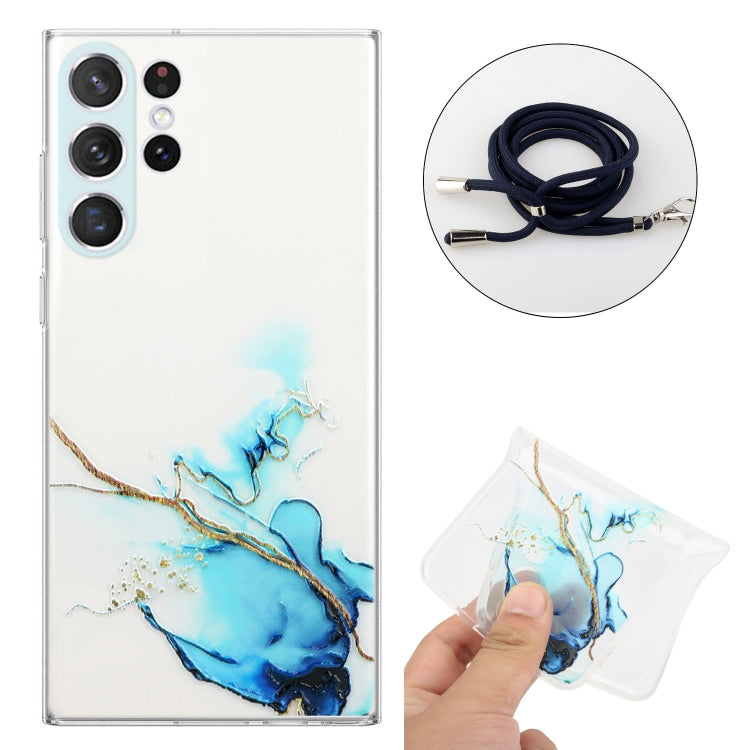 For Samsung Galaxy S23 Ultra 5G Hollow Marble Pattern TPU Shockproof Phone Case with Neck Strap Rope