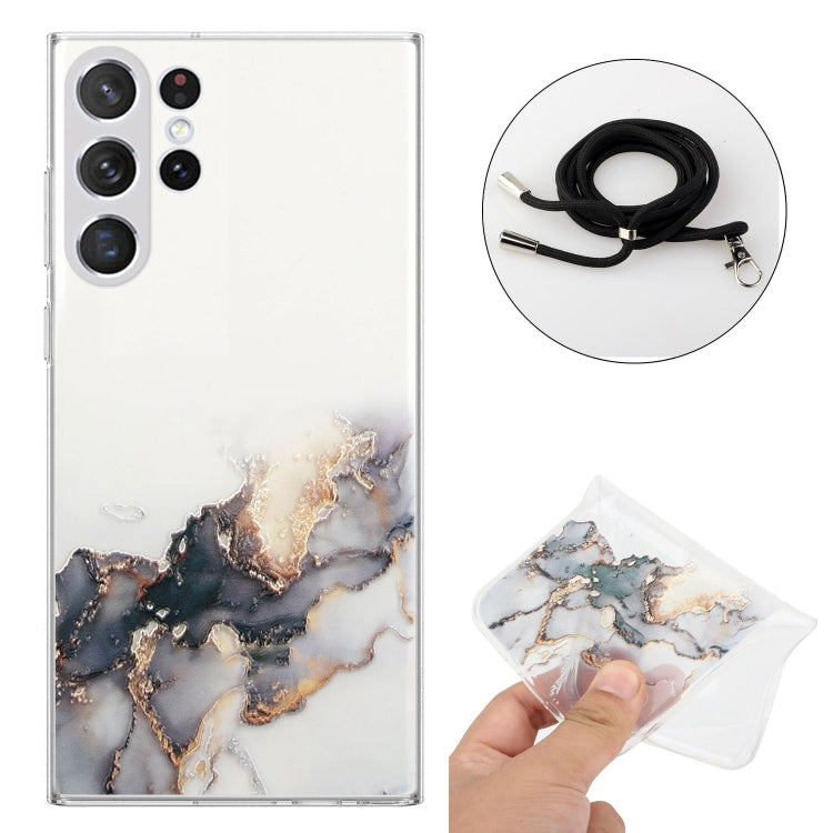 For Samsung Galaxy S23 Ultra 5G Hollow Marble Pattern TPU Shockproof Phone Case with Neck Strap Rope