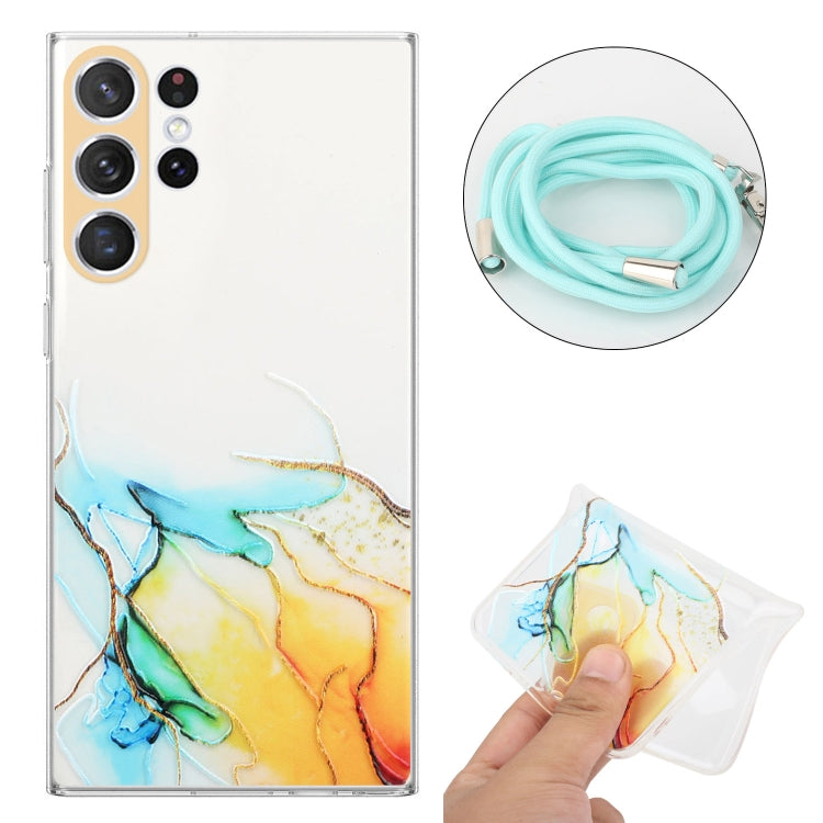 For Samsung Galaxy S23 Ultra 5G Hollow Marble Pattern TPU Shockproof Phone Case with Neck Strap Rope
