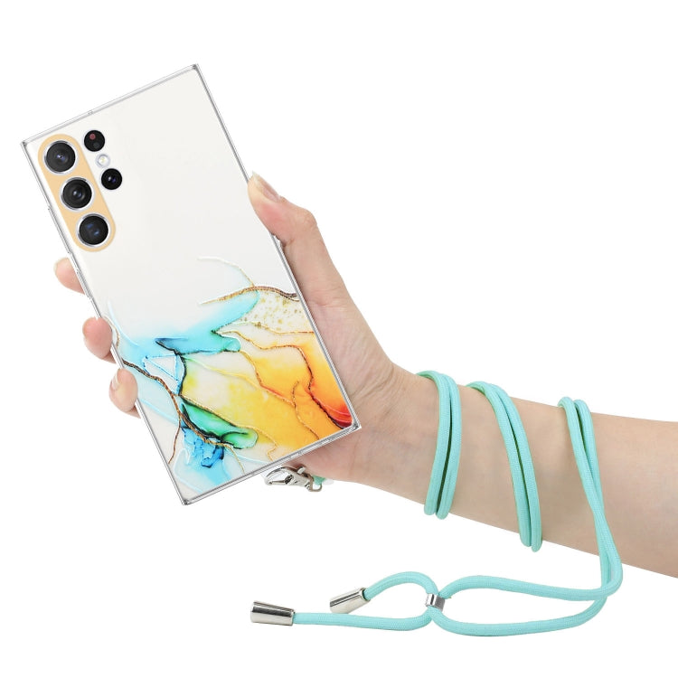 For Samsung Galaxy S23 Ultra 5G Hollow Marble Pattern TPU Shockproof Phone Case with Neck Strap Rope