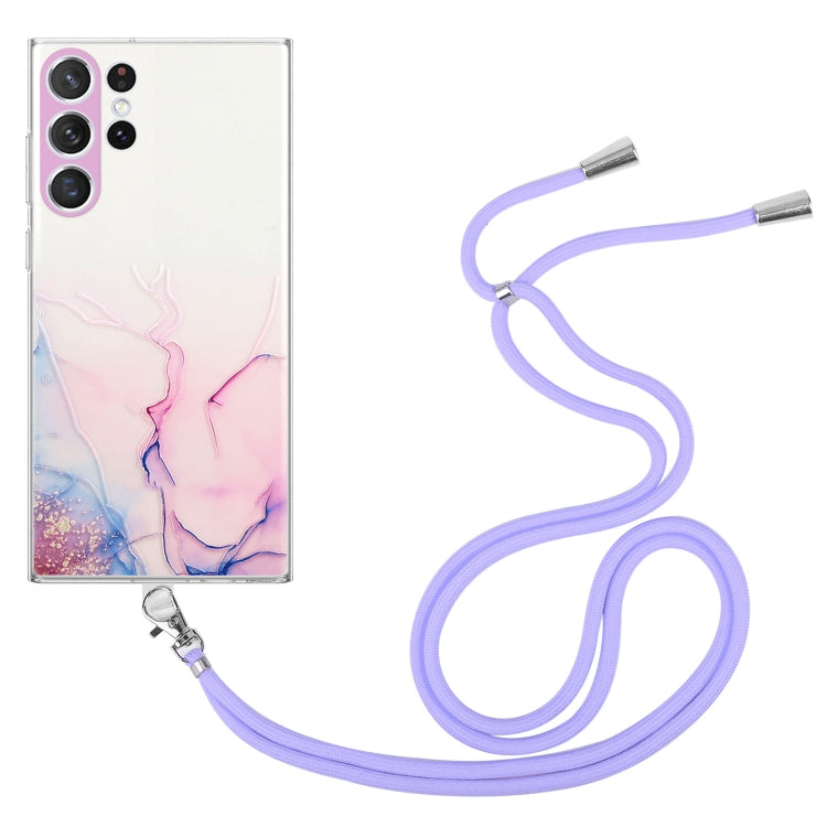 For Samsung Galaxy S23 Ultra 5G Hollow Marble Pattern TPU Shockproof Phone Case with Neck Strap Rope