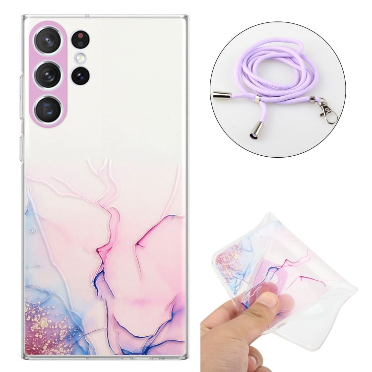 For Samsung Galaxy S23 Ultra 5G Hollow Marble Pattern TPU Shockproof Phone Case with Neck Strap Rope