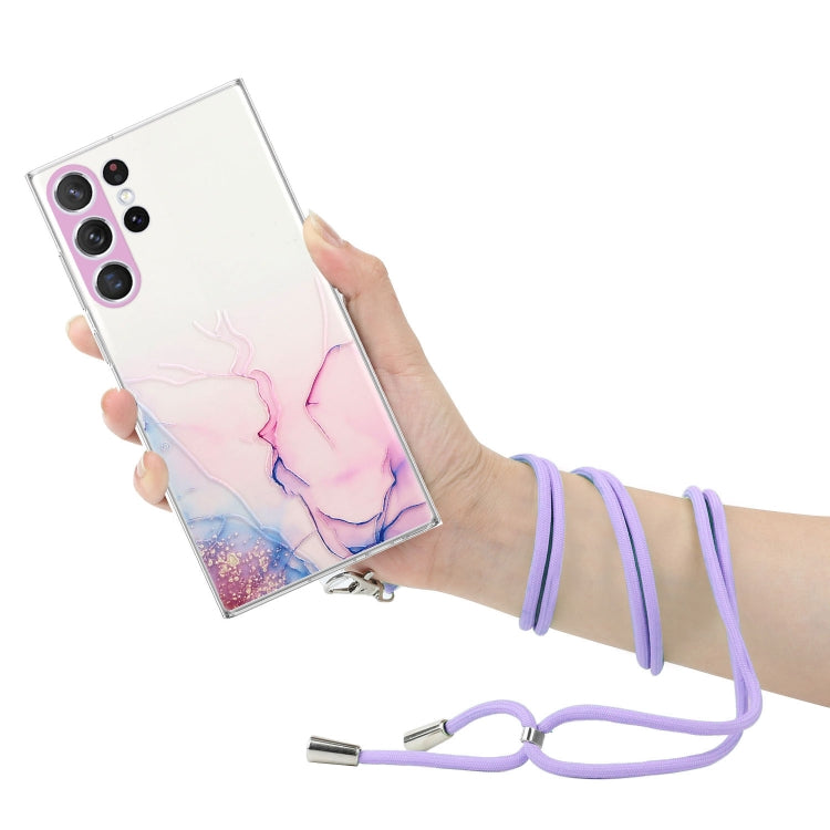For Samsung Galaxy S23 Ultra 5G Hollow Marble Pattern TPU Shockproof Phone Case with Neck Strap Rope