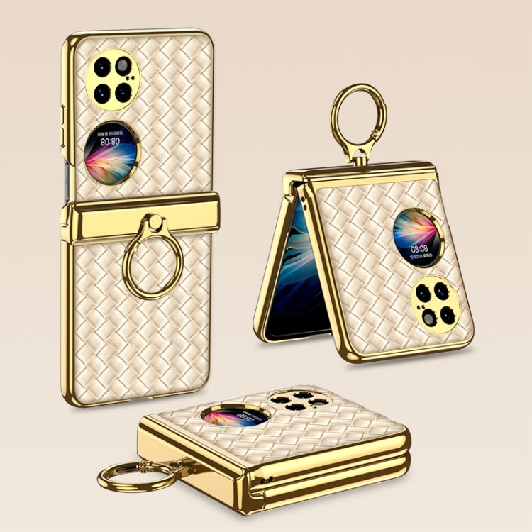 For Huawei P50 Pocket GKK Magnetic Shaft Electroplated Plain Leather Woven Texture Phone Case with Ring