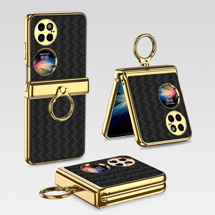 For Huawei P50 Pocket GKK Magnetic Shaft Electroplated Plain Leather Woven Texture Phone Case with Ring