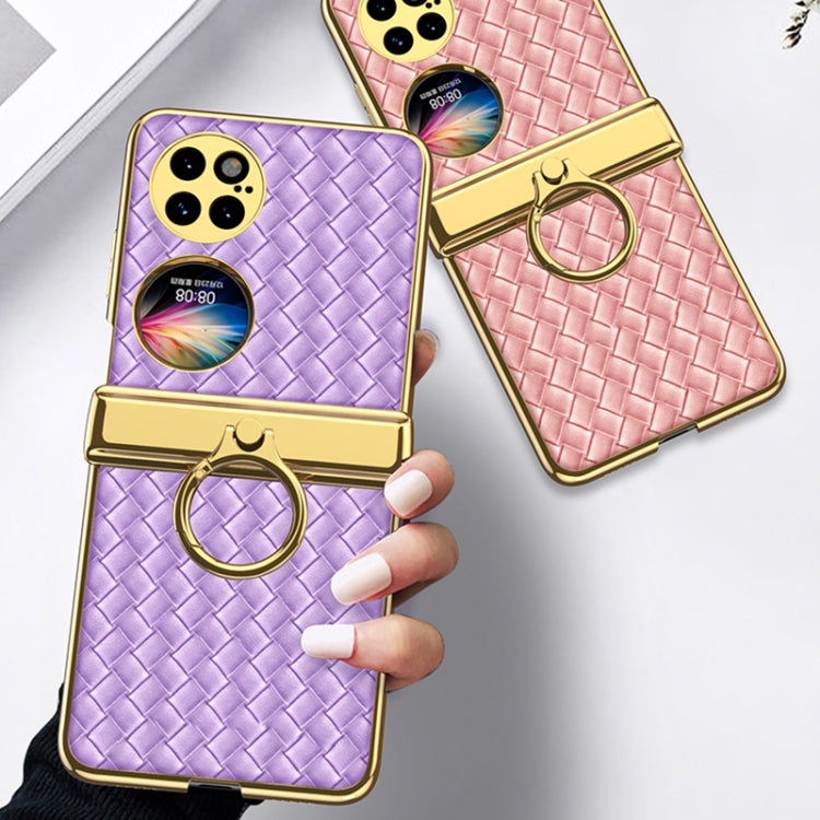 For Huawei P50 Pocket GKK Magnetic Shaft Electroplated Plain Leather Woven Texture Phone Case with Ring