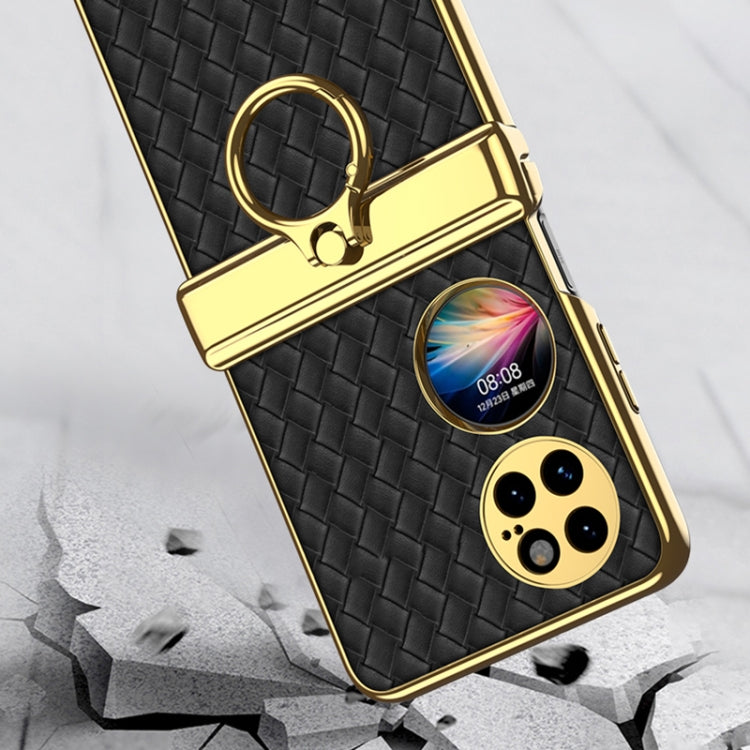 For Huawei P50 Pocket GKK Magnetic Shaft Electroplated Plain Leather Woven Texture Phone Case with Ring