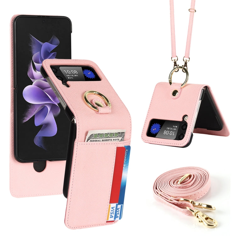 For Samsung Galaxy Z Flip4 5G Cross Texture Lanyard Ring Phone Case