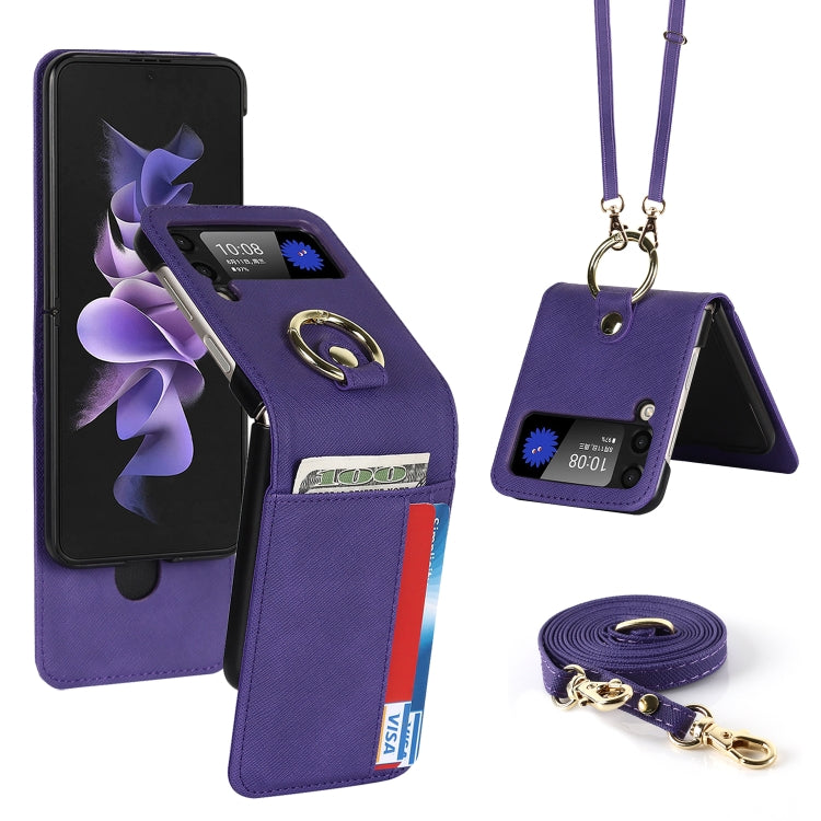 For Samsung Galaxy Z Flip4 5G Cross Texture Lanyard Ring Phone Case