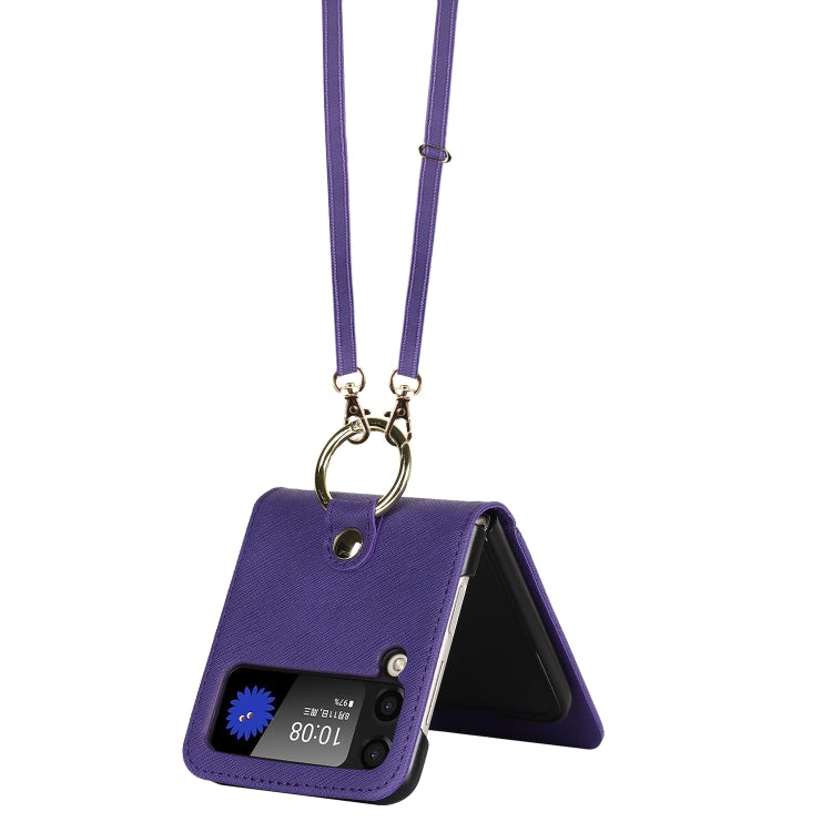 For Samsung Galaxy Z Flip4 5G Cross Texture Lanyard Ring Phone Case