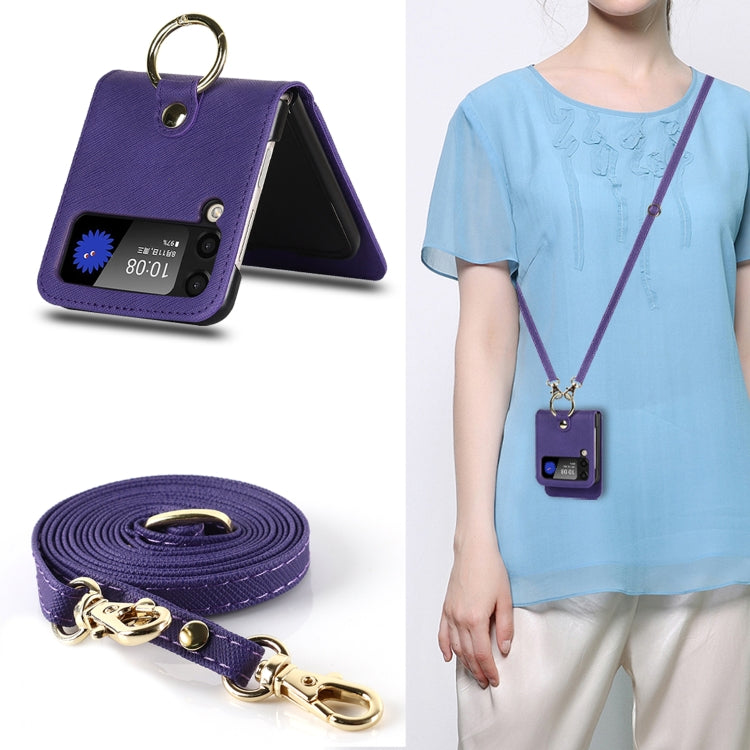 For Samsung Galaxy Z Flip4 5G Cross Texture Lanyard Ring Phone Case