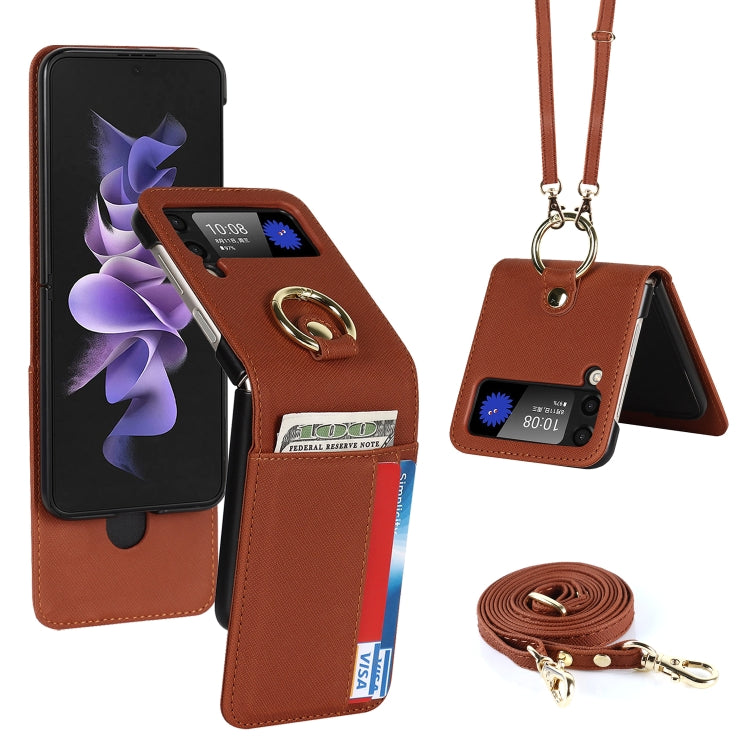 For Samsung Galaxy Z Flip4 5G Cross Texture Lanyard Ring Phone Case