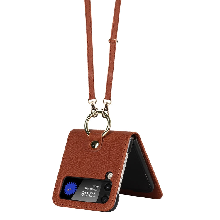 For Samsung Galaxy Z Flip4 5G Cross Texture Lanyard Ring Phone Case