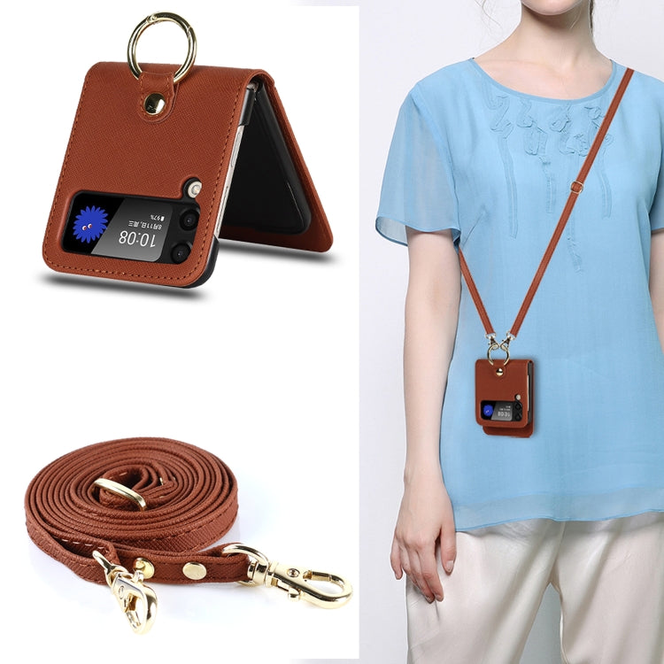 For Samsung Galaxy Z Flip4 5G Cross Texture Lanyard Ring Phone Case