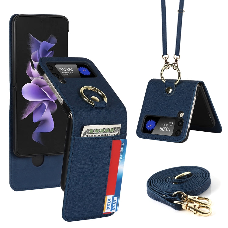 For Samsung Galaxy Z Flip4 5G Cross Texture Lanyard Ring Phone Case