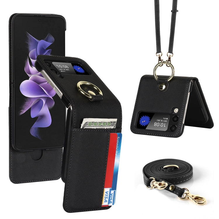 For Samsung Galaxy Z Flip4 5G Cross Texture Lanyard Ring Phone Case