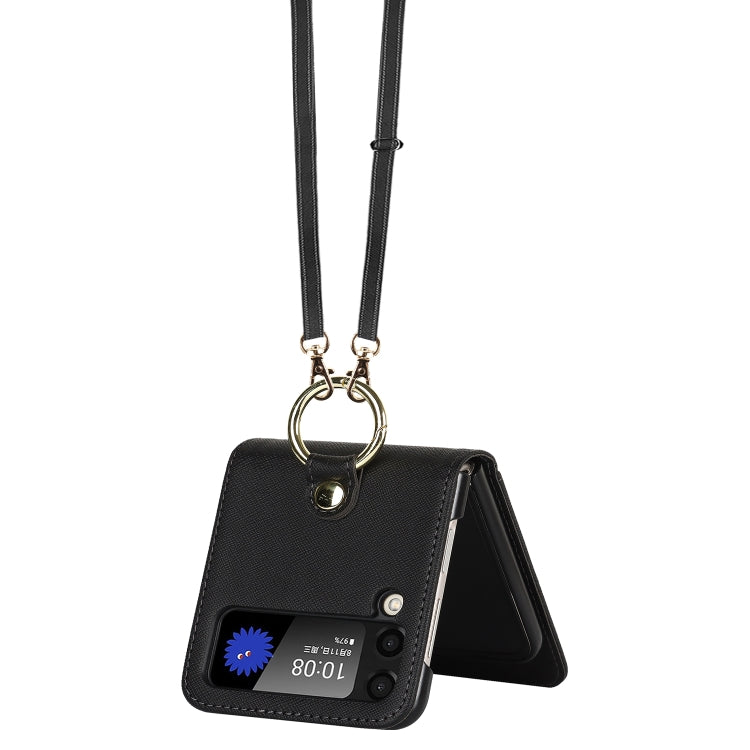 For Samsung Galaxy Z Flip4 5G Cross Texture Lanyard Ring Phone Case