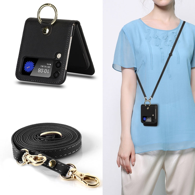 For Samsung Galaxy Z Flip4 5G Cross Texture Lanyard Ring Phone Case