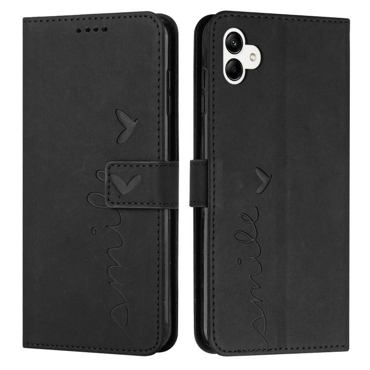 For Samsung Galaxy A04e Skin Feel Heart Embossed Leather Phone Case with Lanyard