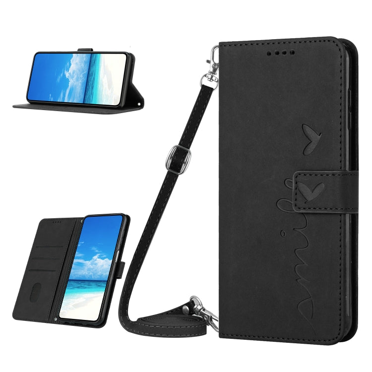 For Samsung Galaxy A34 5G Skin Feel Heart Embossed Leather Phone Case with Lanyard