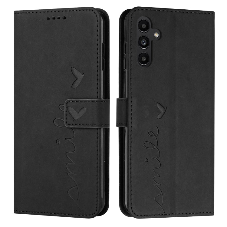 For Samsung Galaxy A34 5G Skin Feel Heart Embossed Leather Phone Case with Lanyard