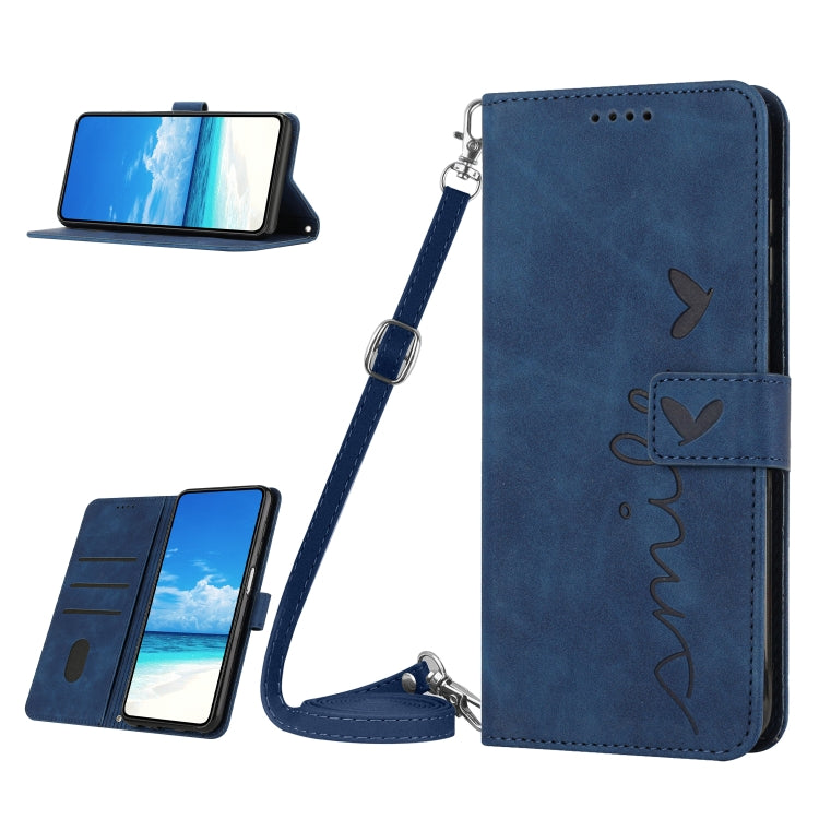 For Samsung Galaxy A34 5G Skin Feel Heart Embossed Leather Phone Case with Lanyard
