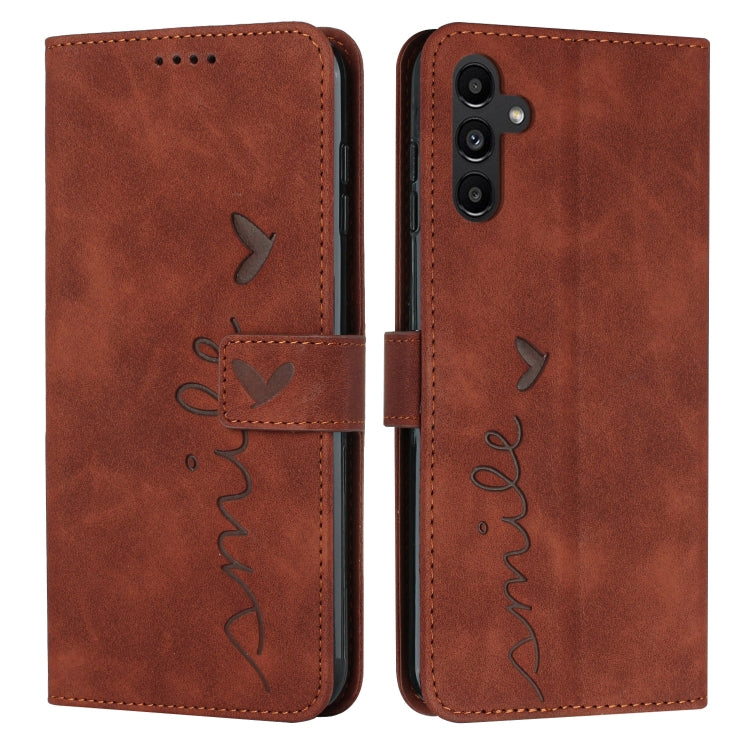 For Samsung Galaxy A34 5G Skin Feel Heart Embossed Leather Phone Case with Lanyard