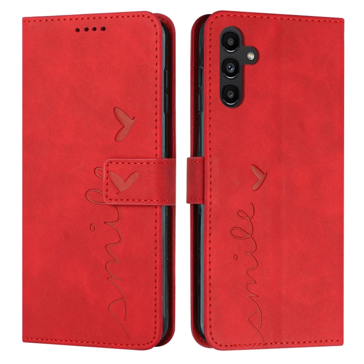 For Samsung Galaxy A54 5G Skin Feel Heart Embossed Leather Phone Case with Lanyard