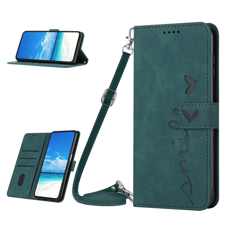 For OPPO A17 Skin Feel Heart Embossed Leather Phone Case with Lanyard