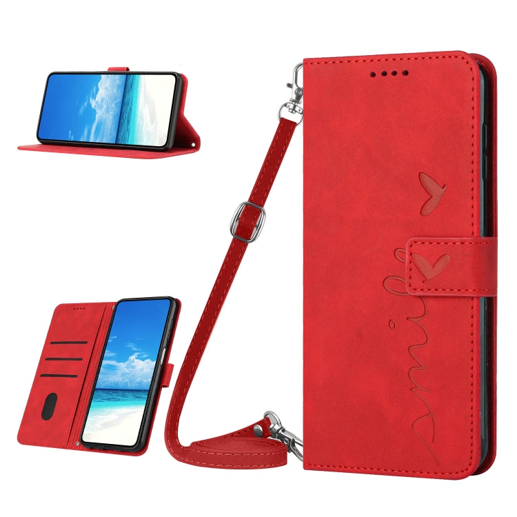 For OPPO A17 Skin Feel Heart Embossed Leather Phone Case with Lanyard