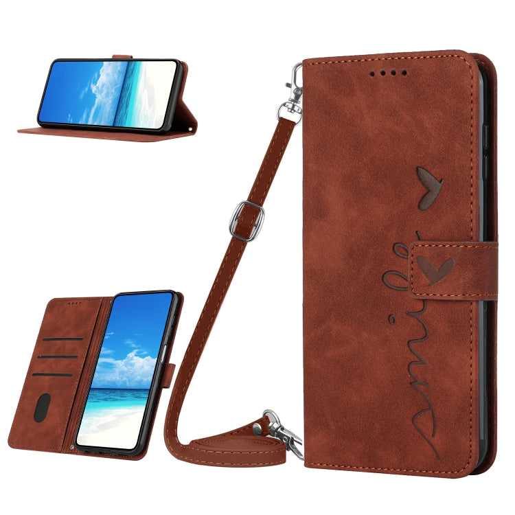 For OPPO A17 Skin Feel Heart Embossed Leather Phone Case with Lanyard