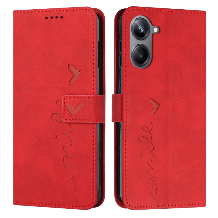 For Realme 10 Pro Skin Feel Heart Embossed Leather Phone Case with Lanyard