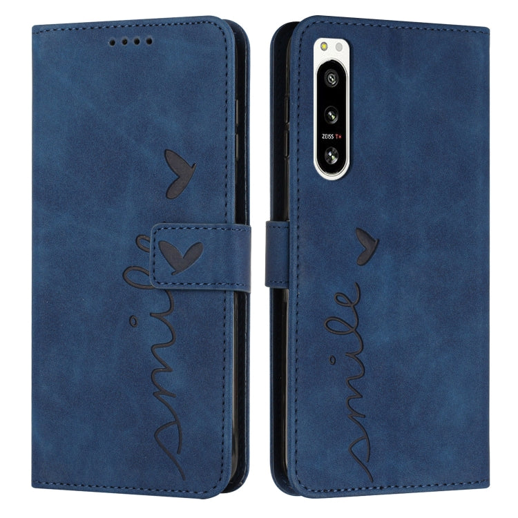 For Sony Xperia 5 IV Skin Feel Heart Embossed Leather Phone Case with Lanyard