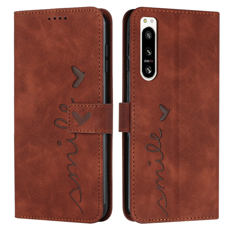 For Sony Xperia 5 IV Skin Feel Heart Embossed Leather Phone Case with Lanyard