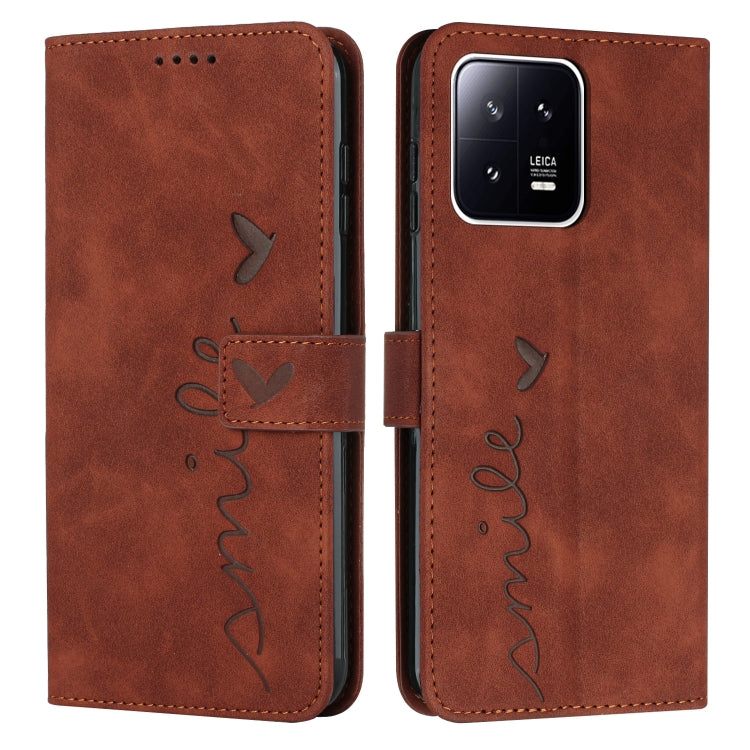 For Xiaomi 13 Skin Feel Heart Embossed Leather Phone Case with Lanyard