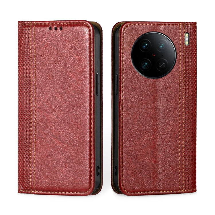 For vivo X90 Pro+ Grid Texture Magnetic Flip Leather Phone Case