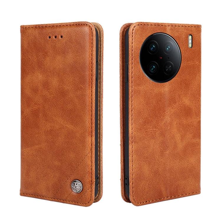 For vivo X90 Pro+ Non-Magnetic Retro Texture Flip Leather Phone Case