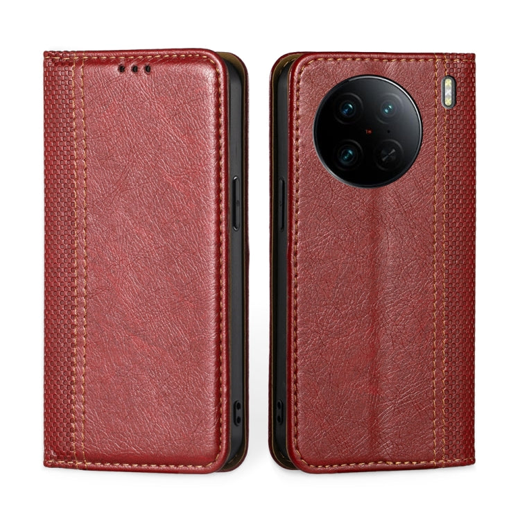For vivo X90 Pro 5G Grid Texture Magnetic Flip Leather Phone Case