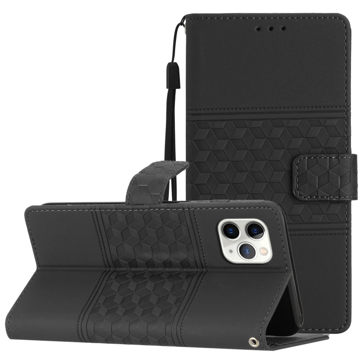 For iPhone 11 Pro Max Diamond Embossed Skin Feel Leather Phone Case with Lanyard