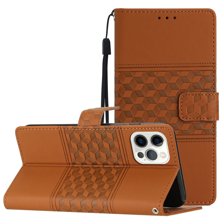 For iPhone 12 Pro Diamond Embossed Skin Feel Leather Phone Case with Lanyard