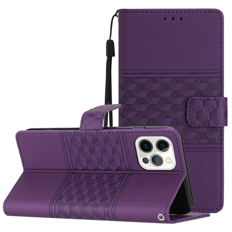 For iPhone 12 Pro Max Diamond Embossed Skin Feel Leather Phone Case with Lanyard