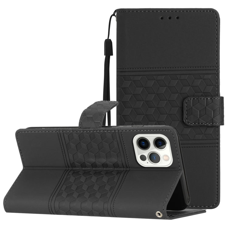 For iPhone 12 Pro Max Diamond Embossed Skin Feel Leather Phone Case with Lanyard