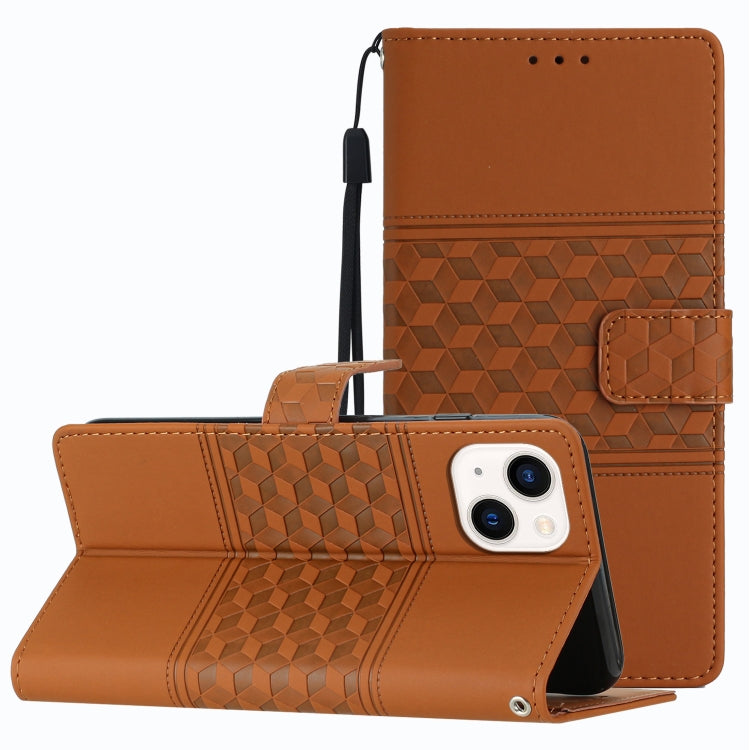 For iPhone 13 Diamond Embossed Skin Feel Leather Phone Case with Lanyard