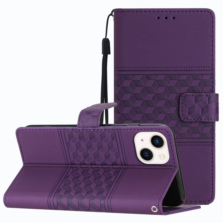 For iPhone 13 mini Diamond Embossed Skin Feel Leather Phone Case with Lanyard