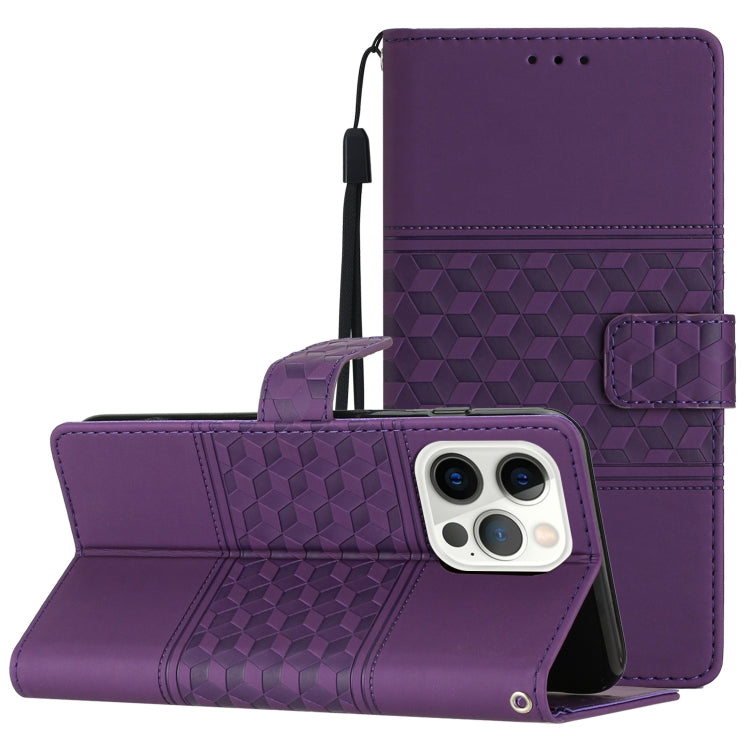 For iPhone 13 Pro Diamond Embossed Skin Feel Leather Phone Case with Lanyard